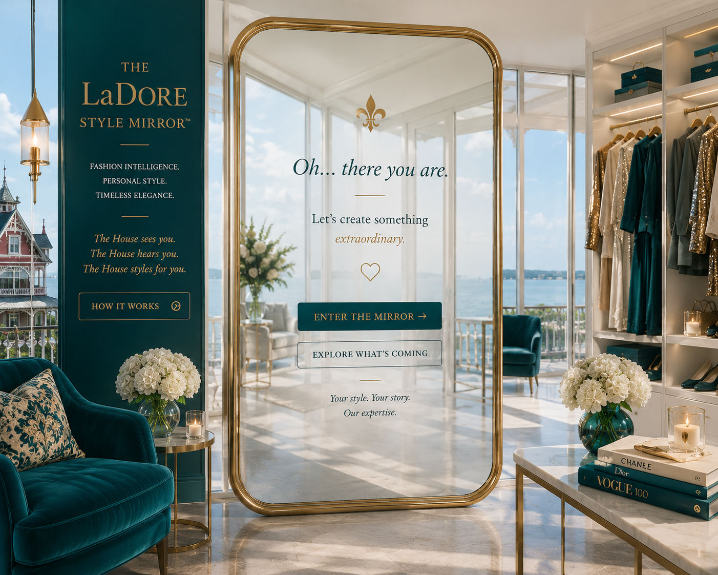The LaDore Style Mirror, an illuminated mirror experience in a coastal dressing room